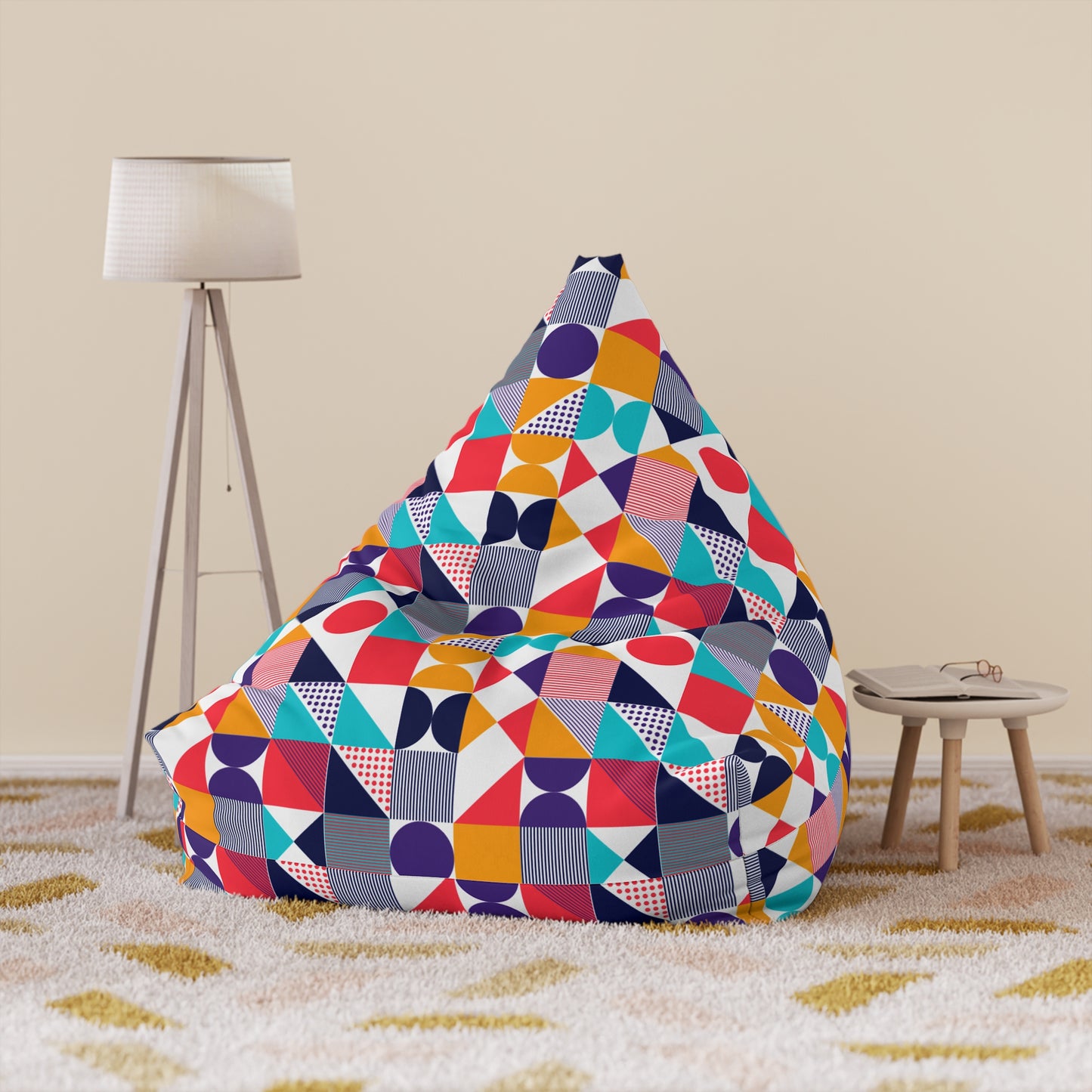 (New) Colorful Geometric Bean Bag Chair Cover - Fun & Cozy Seating for All Ages