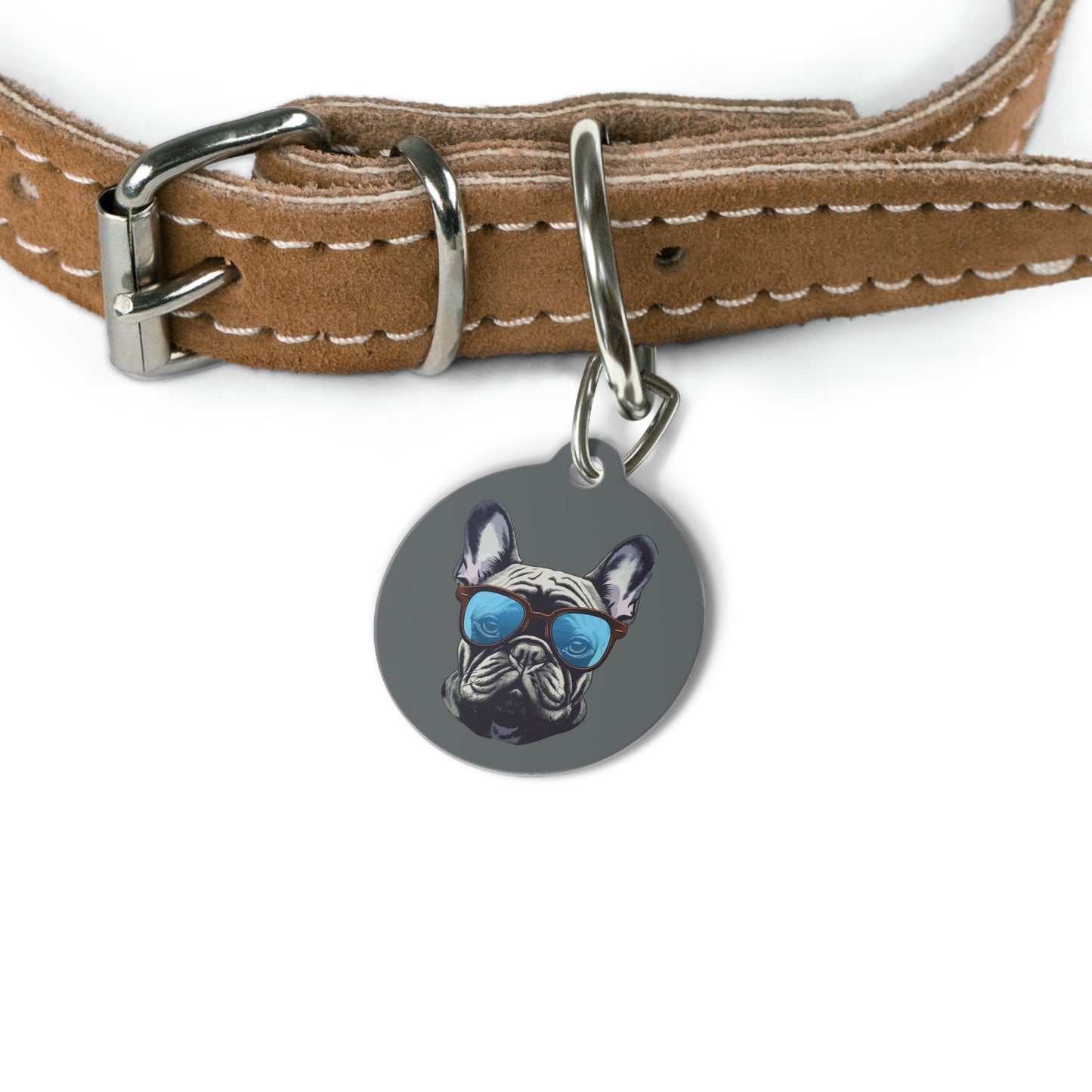 Dog ID Tag, Cool Tag with "Dog in Sunglasses" Design, "Bulldog" Collection, Dog Gifts, Solid Metal ID Tag
