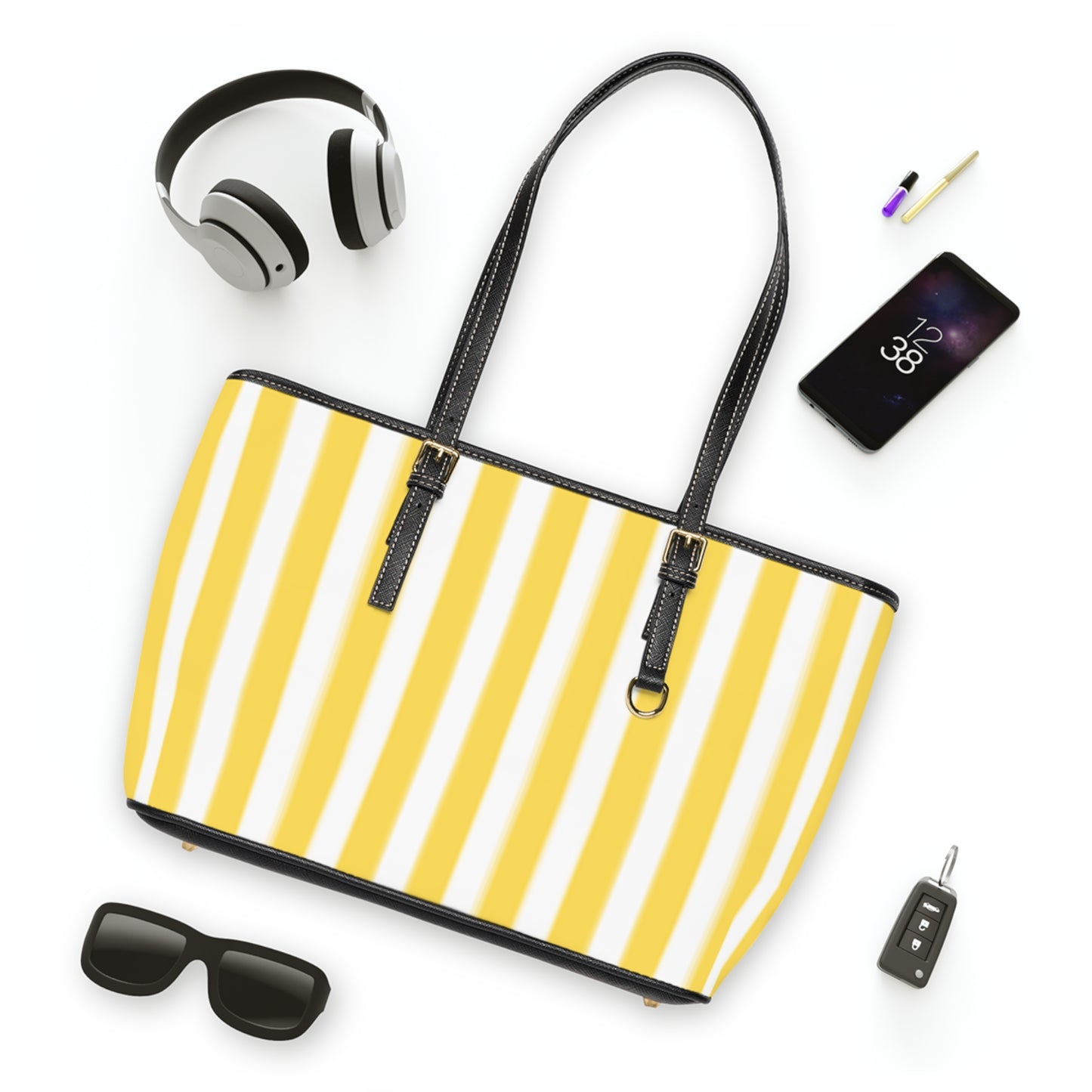 Chic Yellow Striped PU Leather Shoulder Bag - Portofino Beach Tote Bag