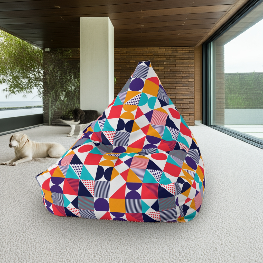 (New) Colorful Geometric Bean Bag Chair Cover - Fun & Cozy Seating for All Ages