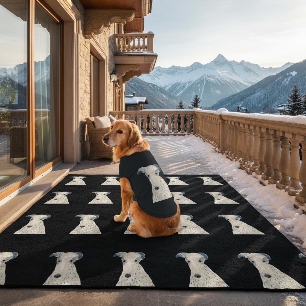 Outdoor Rug Non-slip Backing Soft Touch — Playful Dog Pattern on Black (Durable Patio Rug))