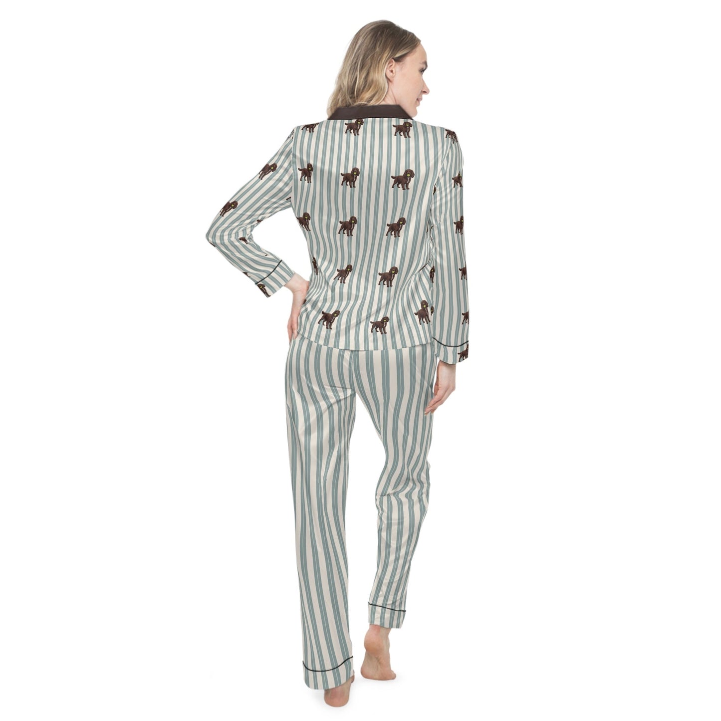 Satin Unisex Pajama Set — Striped Sleepwear with Tiny Dog Print - Lightweigh Travel Sleepwear