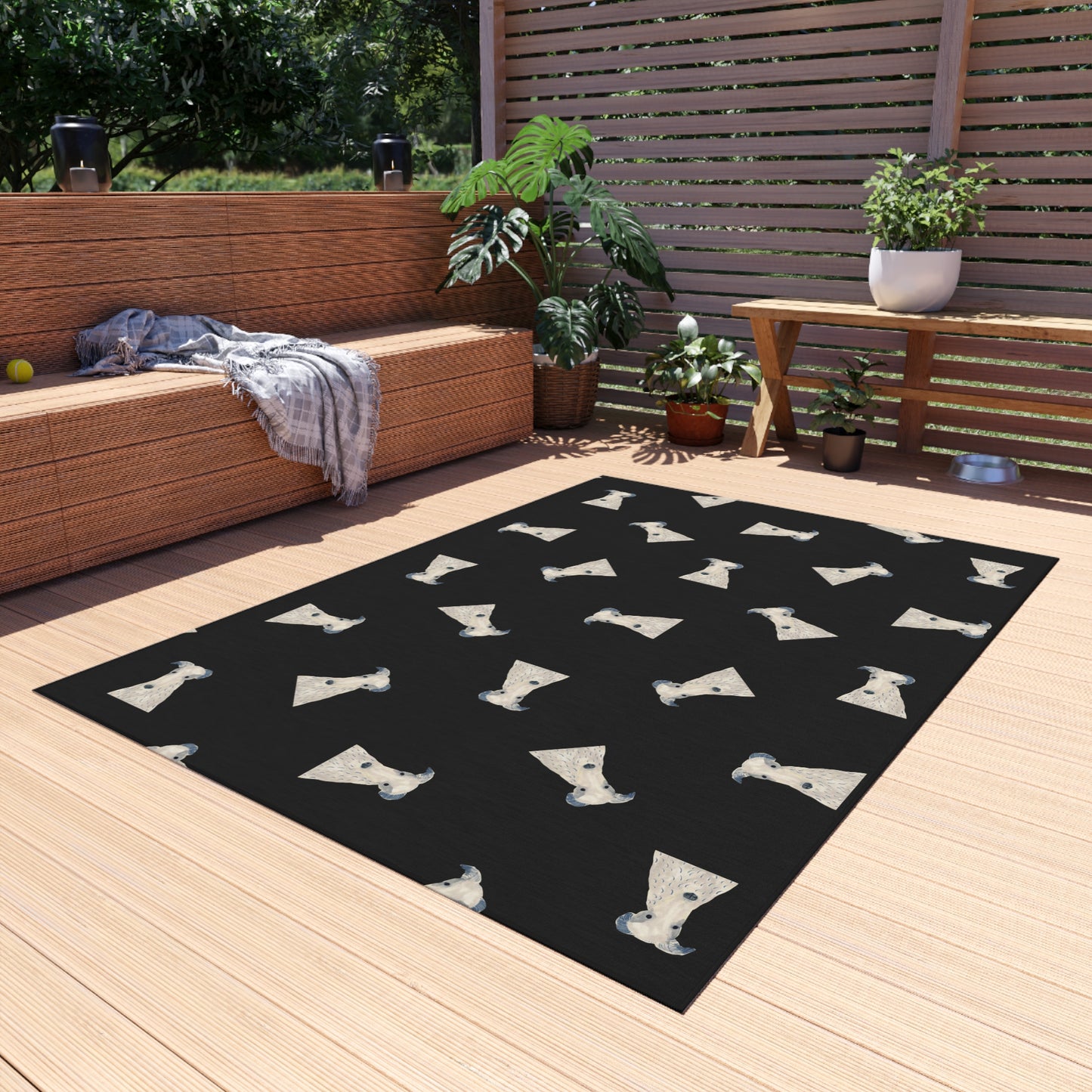 Outdoor Rug Non-slip Backing Soft Touch  — Playful Dog Pattern on Black (Durable Patio Rug))