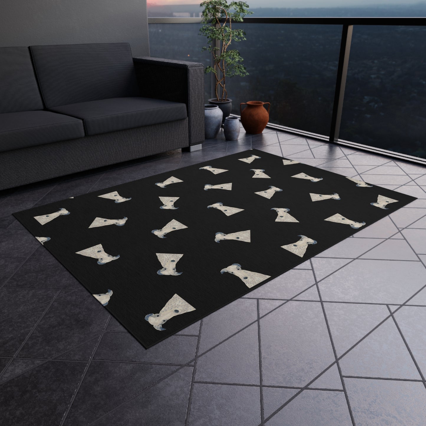 Outdoor Rug Non-slip Backing Soft Touch  — Playful Dog Pattern on Black (Durable Patio Rug))