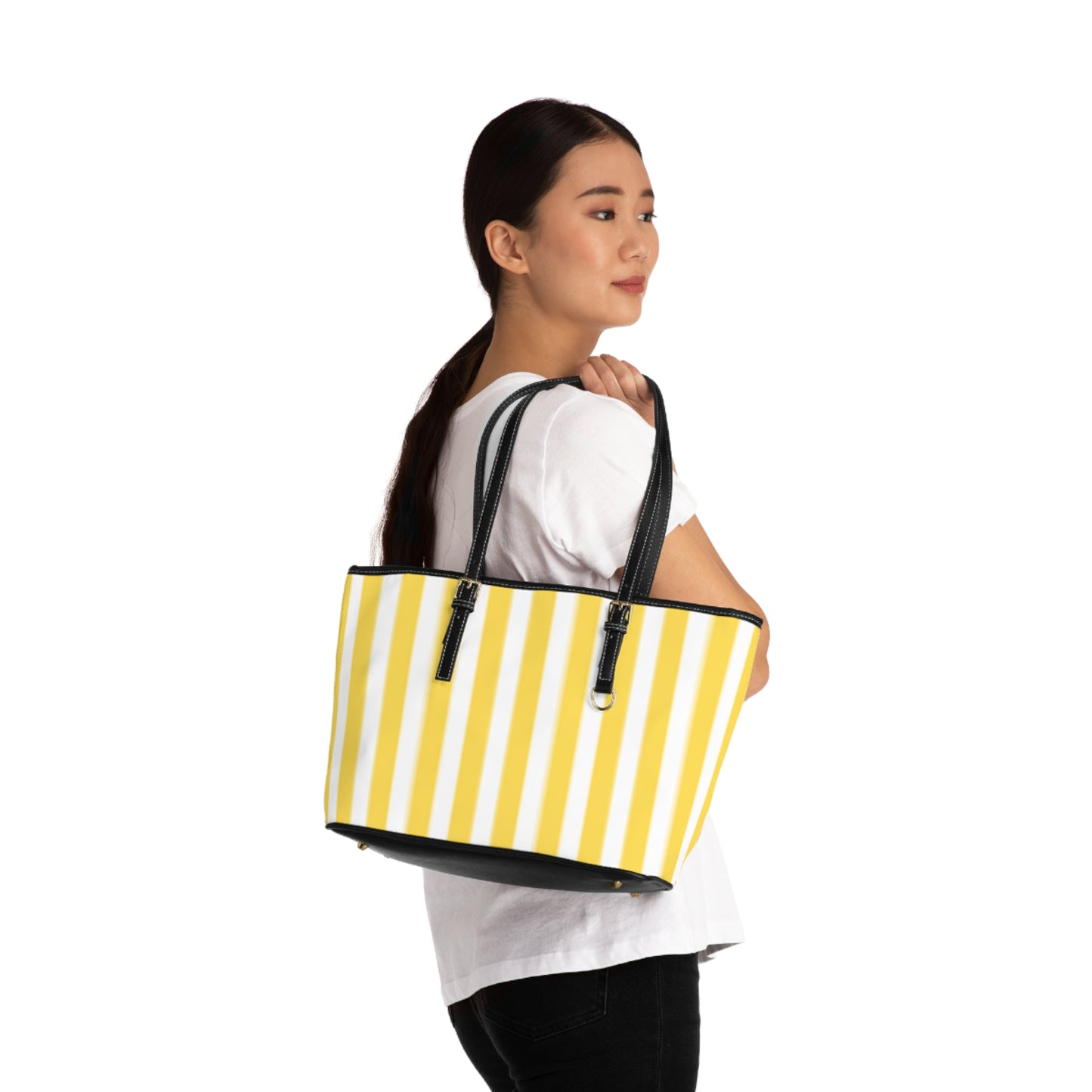 Chic Yellow Striped PU Leather Shoulder Bag - Portofino Beach Tote Bag