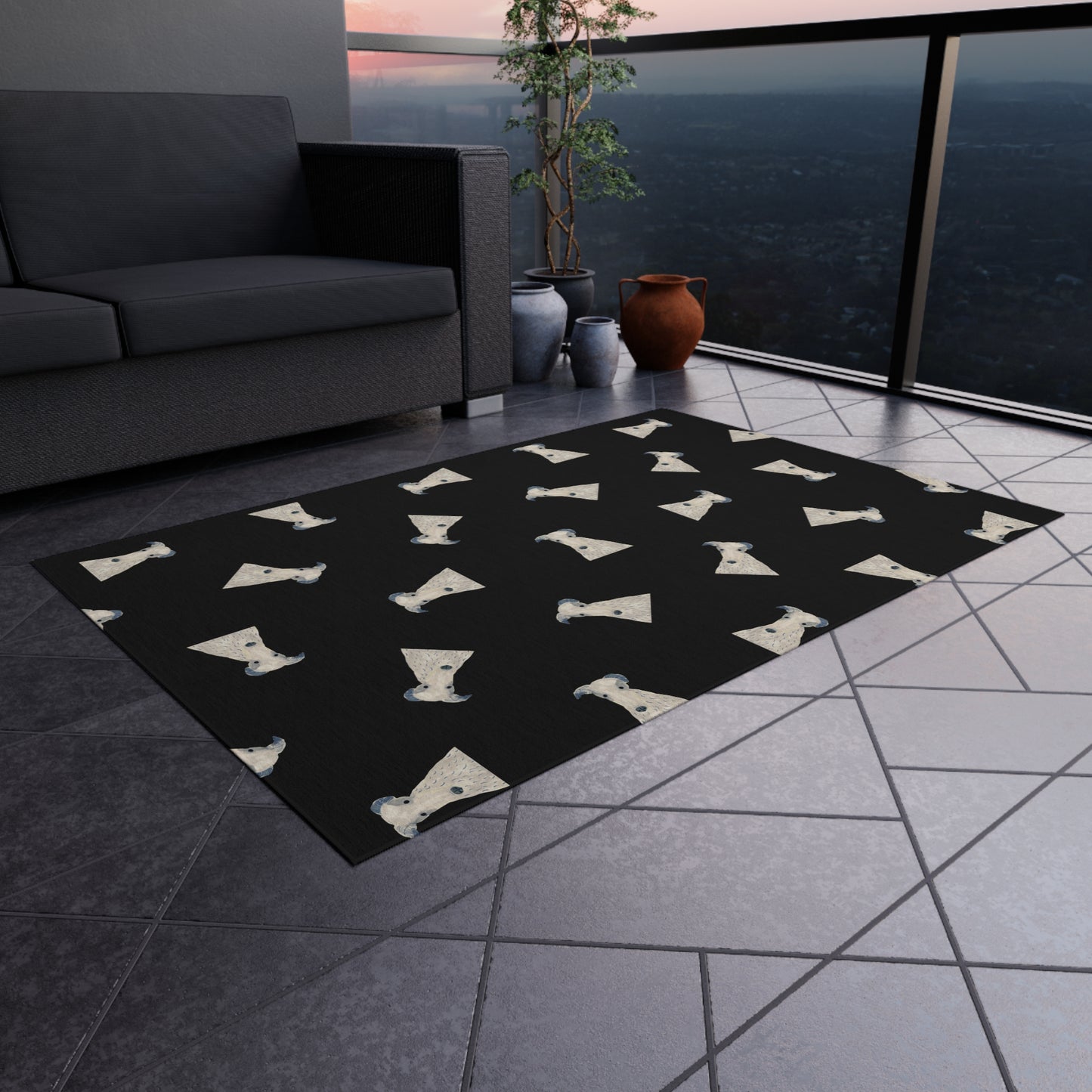 Outdoor Rug Non-slip Backing Soft Touch  — Playful Dog Pattern on Black (Durable Patio Rug))
