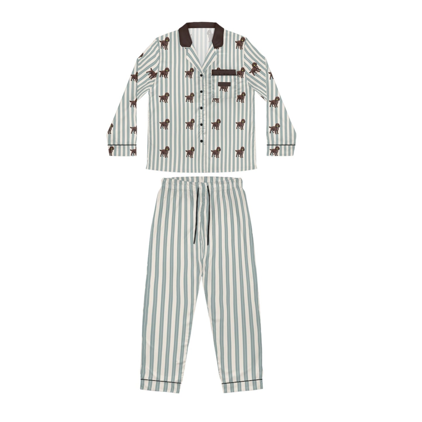 Satin Unisex Pajama Set — Striped Sleepwear with Tiny Dog Print - Lightweigh Travel Sleepwear