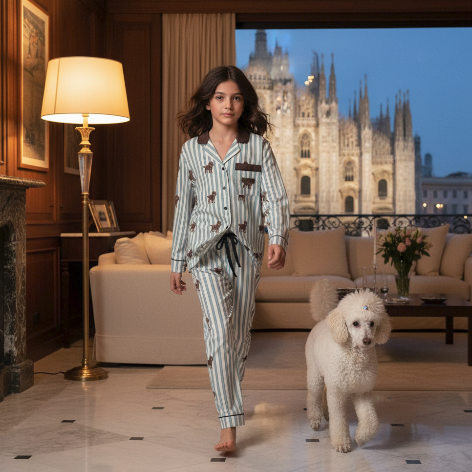 Satin Unisex Pajama Set — Striped Sleepwear with Tiny Dog Print - Lightweigh Travel Sleepwear