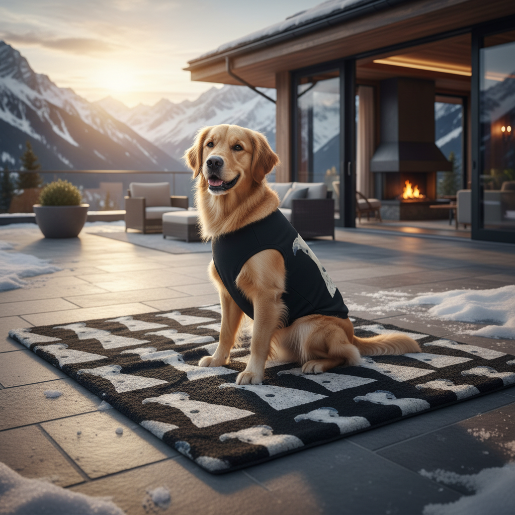 Outdoor Rug Non-slip Backing Soft Touch  — Playful Dog Pattern on Black (Durable Patio Rug))