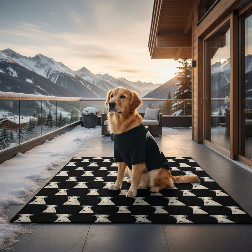 Outdoor Rug Non-slip Backing Soft Touch  — Playful Dog Pattern on Black (Durable Patio Rug))
