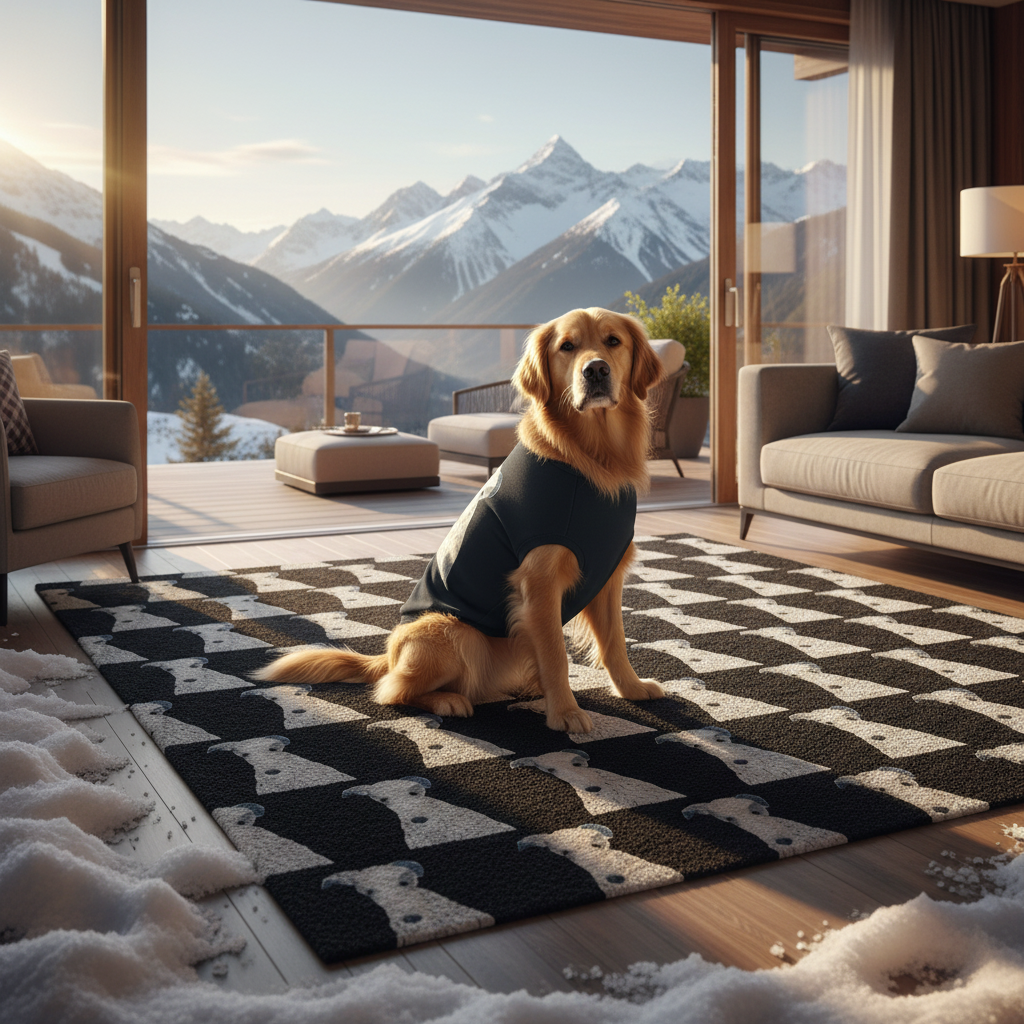 Outdoor Rug Non-slip Backing Soft Touch  — Playful Dog Pattern on Black (Durable Patio Rug))
