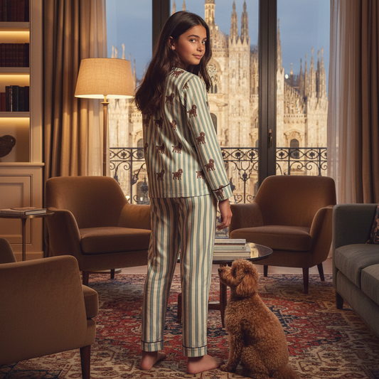 Satin Unisex Pajama Set — Striped Sleepwear with Tiny Dog Print - Lightweigh Travel Sleepwear