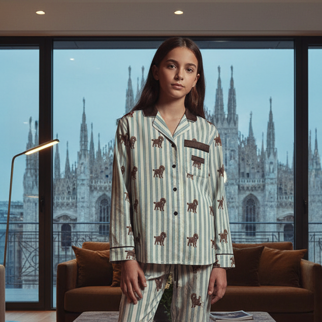 Satin Unisex Pajama Set — Striped Sleepwear with Tiny Dog Print - Lightweigh Travel Sleepwear